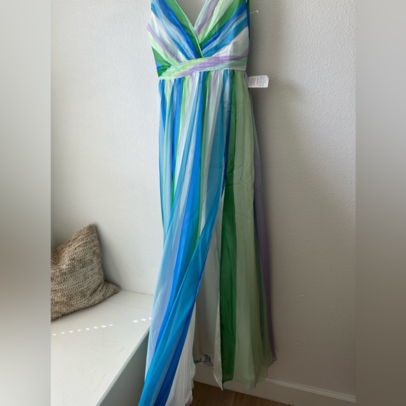 MAC DUGGAL | blue green multicolor stripe plunge maxi gown 4 - Picture 12 of 14
